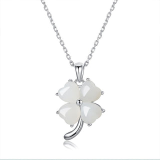 Buddha Gift Hetian Jade 925 Sterling Silver Four Leaf Clover Necklace Pendant