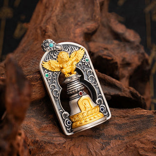 Buddha Gift 925 Sterling Silver Tibetan Garuda Bird Vajra Dorje Bell Protection Necklace Pendant