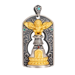 Buddha Gift 925 Sterling Silver Tibetan Garuda Bird Vajra Dorje Bell Protection Necklace Pendant
