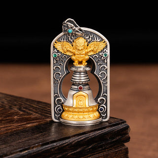 Buddha Gift 925 Sterling Silver Tibetan Garuda Bird Vajra Dorje Bell Protection Necklace Pendant