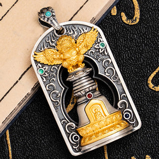 Buddha Gift 925 Sterling Silver Tibetan Garuda Bird Vajra Dorje Bell Protection Necklace Pendant