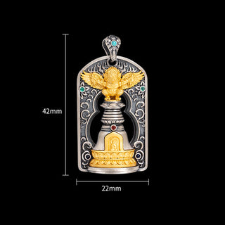Buddha Gift 925 Sterling Silver Tibetan Garuda Bird Vajra Dorje Bell Protection Necklace Pendant