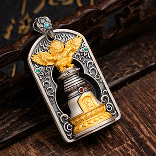 Buddha Gift 925 Sterling Silver Tibetan Garuda Bird Vajra Dorje Bell Protection Necklace Pendant