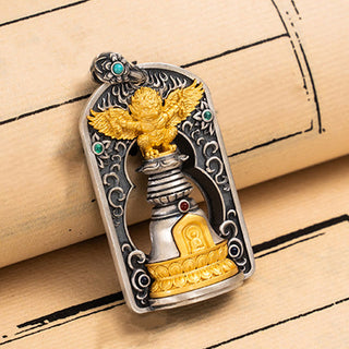 Buddha Gift 925 Sterling Silver Tibetan Garuda Bird Vajra Dorje Bell Protection Necklace Pendant