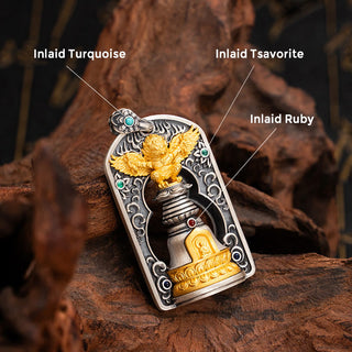 Buddha Gift 925 Sterling Silver Tibetan Garuda Bird Vajra Dorje Bell Protection Necklace Pendant