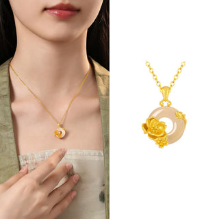 Buddha Gift Chalcedony 925 Sterling Silver Peace Buckle Flowers Necklace Pendant