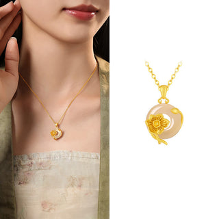 Buddha Gift Chalcedony 925 Sterling Silver Peace Buckle Flowers Necklace Pendant