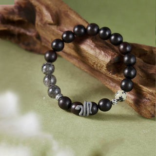 Buddha Gift Ebony Wood Black Rutilated Quartz 925 Sterling Silver Year Of The Snake Balance Bracelet
