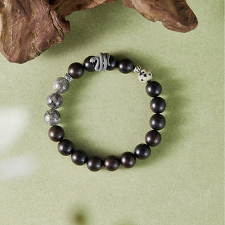 Buddha Gift Ebony Wood Black Rutilated Quartz 925 Sterling Silver Year Of The Snake Balance Bracelet