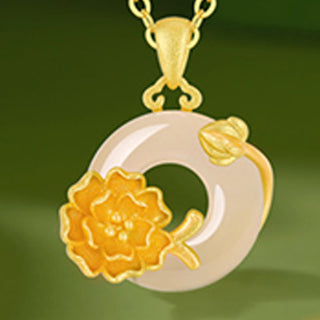 Buddha Gift Chalcedony 925 Sterling Silver Peace Buckle Flowers Necklace Pendant