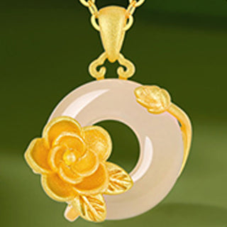 Buddha Gift Chalcedony 925 Sterling Silver Peace Buckle Flowers Necklace Pendant