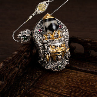 Buddha Gift 925 Sterling Silver Tibetan Zakiram Goddess of Wealth Dzi Bead Protection Necklace Pendant
