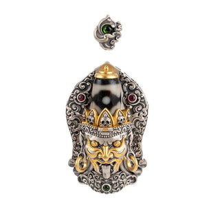 Buddha Gift 925 Sterling Silver Tibetan Zakiram Goddess of Wealth Dzi Bead Protection Necklace Pendant