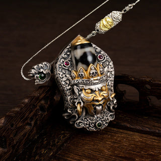 Buddha Gift 925 Sterling Silver Tibetan Zakiram Goddess of Wealth Dzi Bead Protection Necklace Pendant