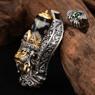 Buddha Gift 925 Sterling Silver Tibetan Zakiram Goddess of Wealth Dzi Bead Protection Necklace Pendant