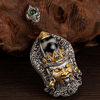 Buddha Gift 925 Sterling Silver Tibetan Zakiram Goddess of Wealth Dzi Bead Protection Necklace Pendant