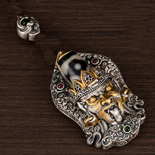 Buddha Gift 925 Sterling Silver Tibetan Zakiram Goddess of Wealth Dzi Bead Protection Necklace Pendant