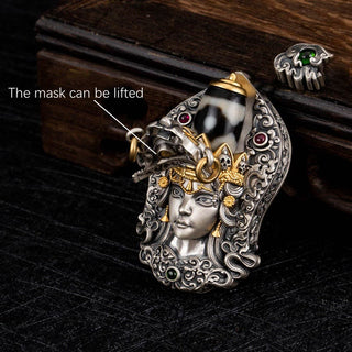Buddha Gift 925 Sterling Silver Tibetan Zakiram Goddess of Wealth Dzi Bead Protection Necklace Pendant