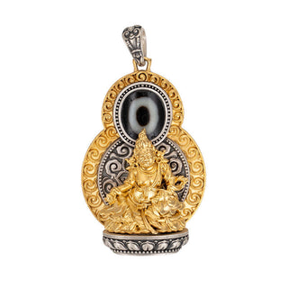 Buddha Gift 925 Sterling Silver Tibet Yellow Jambhala God of Wealth Dzi Bead Om Mani Padme Hum Happiness Necklace Pendant