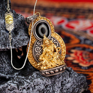 Buddha Gift 925 Sterling Silver Tibet Yellow Jambhala God of Wealth Dzi Bead Om Mani Padme Hum Happiness Necklace Pendant