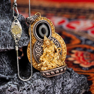 Buddha Gift 925 Sterling Silver Tibet Yellow Jambhala God of Wealth Dzi Bead Om Mani Padme Hum Happiness Necklace Pendant