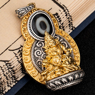 Buddha Gift 925 Sterling Silver Tibet Yellow Jambhala God of Wealth Dzi Bead Om Mani Padme Hum Happiness Necklace Pendant