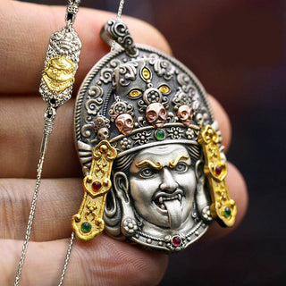 Buddha Gift 925 Sterling Silver Tibetan Zakiram Goddess of Wealth Keep Away Evil Spirits Necklace Pendant