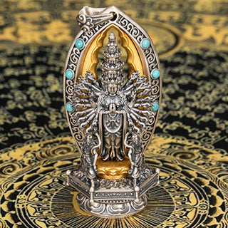 Buddha Gift 925 Sterling Silver Thousand-armed Guanyin Kwan Yin Avalokiteśvara Wealth Necklace Pendant