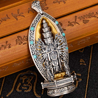 Buddha Gift 925 Sterling Silver Thousand-armed Guanyin Kwan Yin Avalokiteśvara Wealth Necklace Pendant