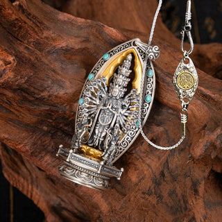 Buddha Gift 925 Sterling Silver Thousand-armed Guanyin Kwan Yin Avalokiteśvara Wealth Necklace Pendant
