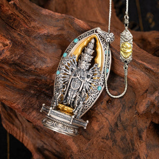 Buddha Gift 925 Sterling Silver Thousand-armed Guanyin Kwan Yin Avalokiteśvara Wealth Necklace Pendant