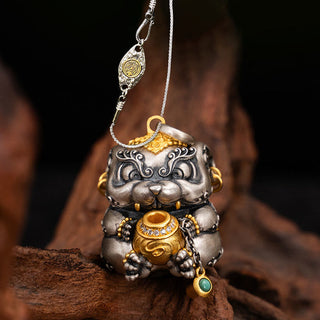 Buddha Gift 925 Sterling Silver Tibetan Treasure-spitting Rat Protection Necklace Pendant