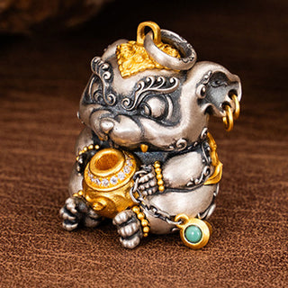 Buddha Gift 925 Sterling Silver Tibetan Treasure-spitting Rat Protection Necklace Pendant
