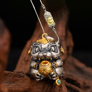 Buddha Gift 925 Sterling Silver Tibetan Treasure-spitting Rat Protection Necklace Pendant