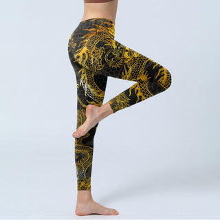 Buddha Gift Golden Dragon Print Gym Leggings Women's Yoga Pants