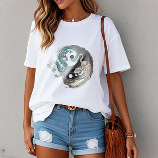 Buddha Gift Tiger Dragon Yin Yang Cotton Tee T-shirt