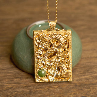 Buddha Gift Dragon Gold Plated Copper Hetian Jade Strength Necklace Pendant