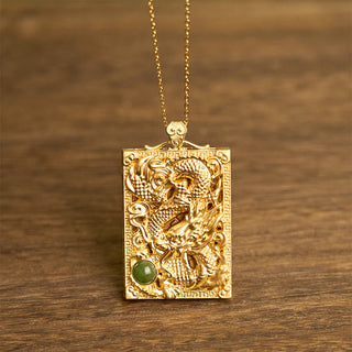 Buddha Gift Dragon Gold Plated Copper Hetian Jade Strength Necklace Pendant