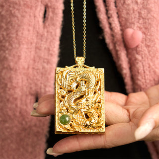 Buddha Gift Dragon Gold Plated Copper Hetian Jade Strength Necklace Pendant