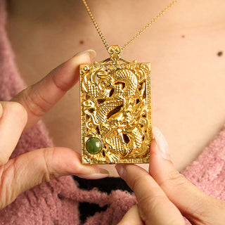 Buddha Gift Dragon Gold Plated Copper Hetian Jade Strength Necklace Pendant