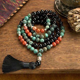 Buddha Gift 108 Mala Natural Black Onyx Red Jasper Turquoise Beads Buddha Head Tassel Protection Bracelet