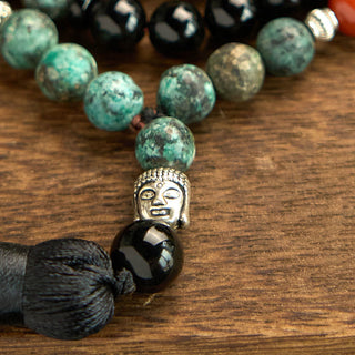 Buddha Gift 108 Mala Natural Black Onyx Red Jasper Turquoise Beads Buddha Head Tassel Protection Bracelet