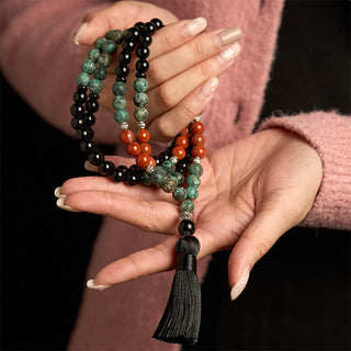 Buddha Gift 108 Mala Natural Black Onyx Red Jasper Turquoise Beads Buddha Head Tassel Protection Bracelet