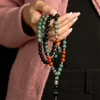 Buddha Gift 108 Mala Natural Black Onyx Red Jasper Turquoise Beads Buddha Head Tassel Protection Bracelet