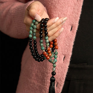 Buddha Gift 108 Mala Natural Black Onyx Red Jasper Turquoise Beads Buddha Head Tassel Protection Bracelet