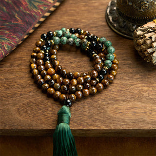 Buddha Gift 108 Mala Natural Stone Tiger Eye Turquoise Beads Tassel Protection Bracelet