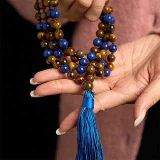 Buddha Gift 108 Beads Natural Stone Tiger Eye Lazurite Mala Tassel Protection Bracelet