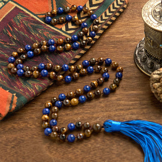 Buddha Gift 108 Beads Natural Stone Tiger Eye Lazurite Mala Tassel Protection Bracelet