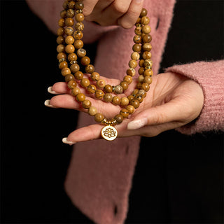 Buddha Gift 108 Beads Picture Jasper Mala Lotus Courage Bracelet