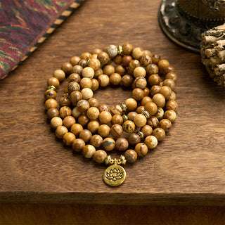Buddha Gift 108 Beads Picture Jasper Mala Lotus Courage Bracelet